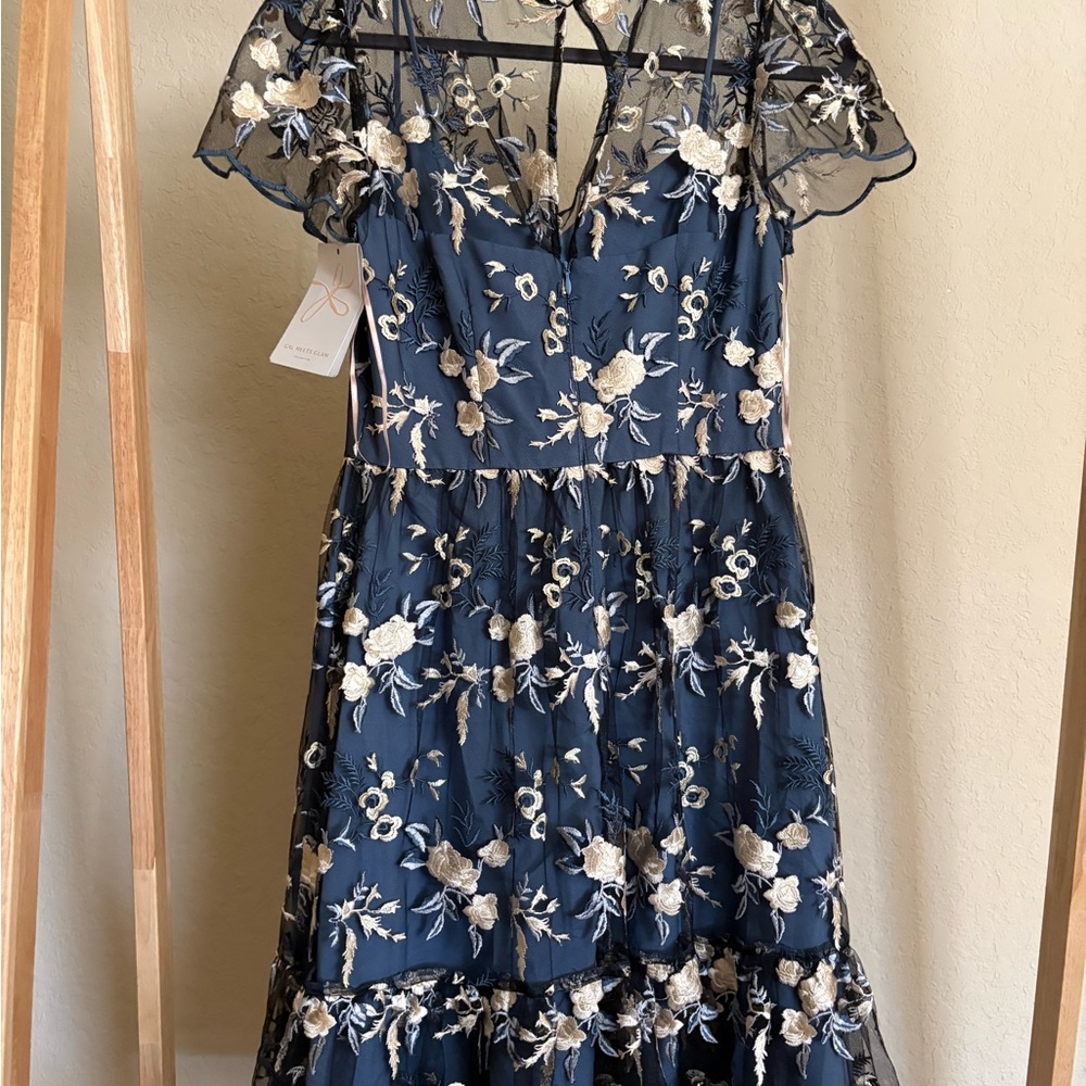 Nordstrom Navy Midi Dress with Cream Floral Appliqué